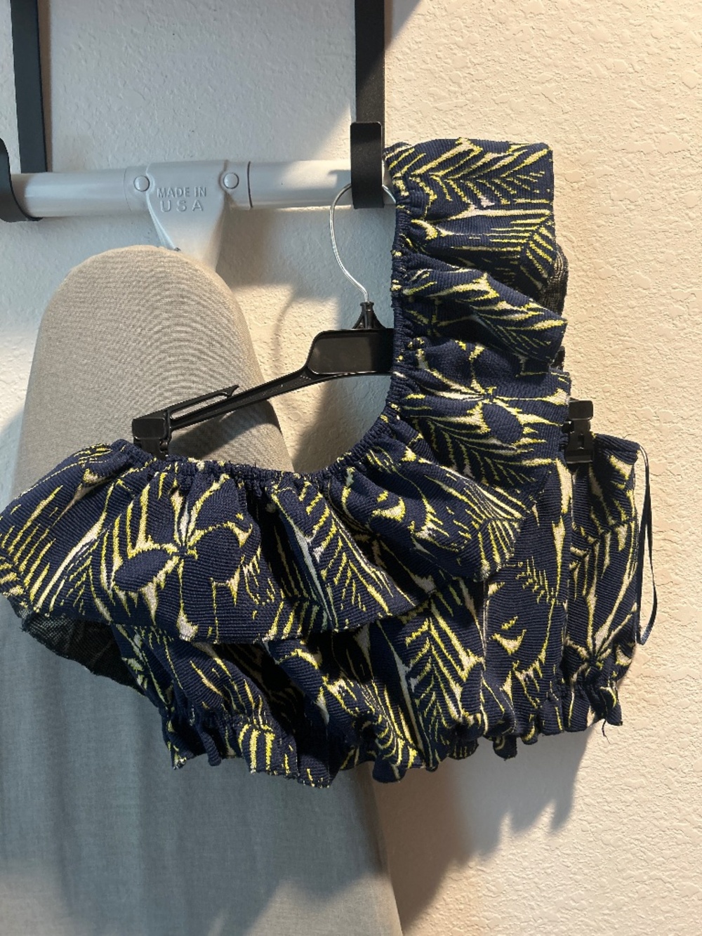 Zara navy floral one shoulder ruffle crop top
